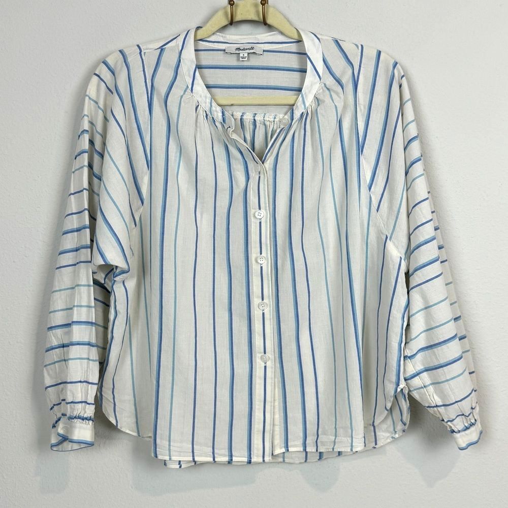 Madewell White Blue Stripe Peasant Sleeve Shirt S